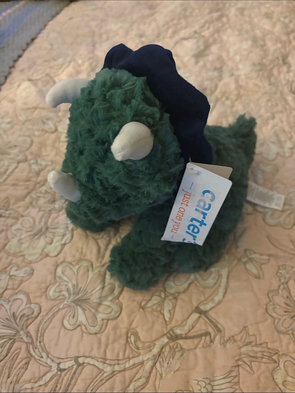 Carter's Just One Year Green Plush baby Triceratops with Navy Crest NWT.